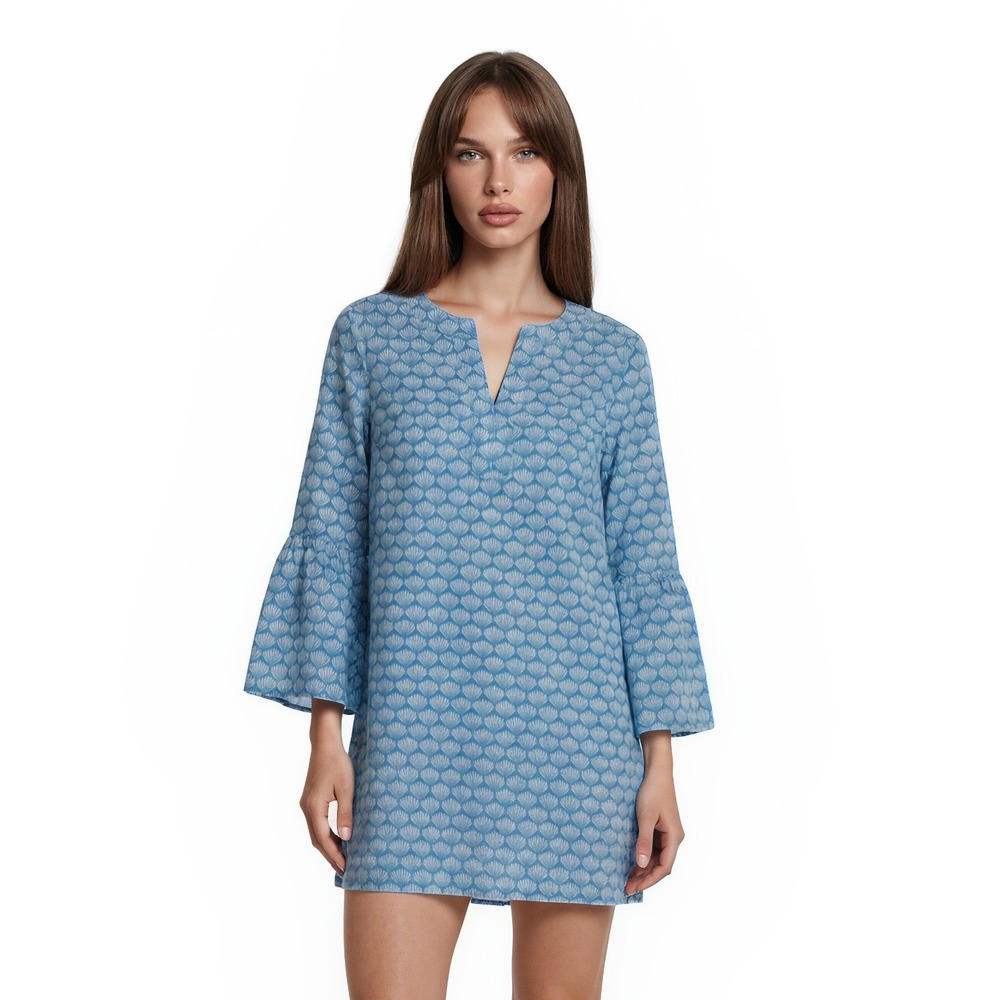 Boden Tunic Dress US Size 8 Blue White Shell Bell Sleeve 100% Cotton Coverup